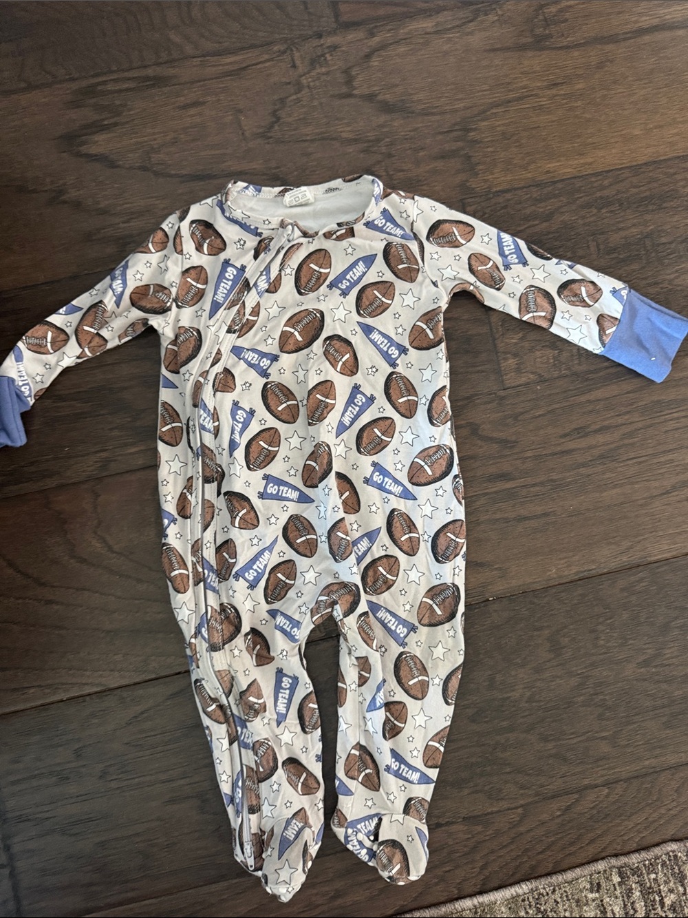 Tessa babe bamboo Football Print One-Piece Pajamas - White with Blue Cuffs